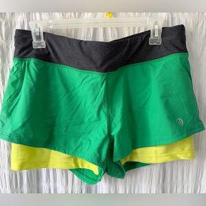 MPG Green Athletic Layered Shorts with Black Waistband and Yellow Liner